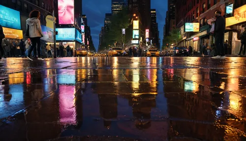 high-density New York City nightlife street, ultra-modern, super realistic high definition photo-realistic rendering, atmospheric ambiance, amber lighting, puddles in the street, ,puddles,new york str