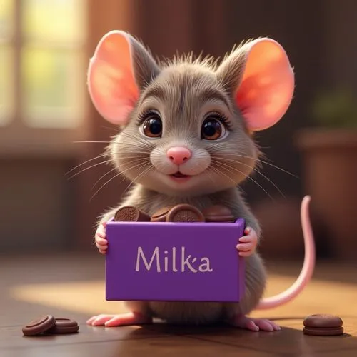 Eine süße Maus mit weichem fluffigen Fell hält dem Betrachter eine lilafarbene Pralinenschachtel hin. Text "MILKA". 3D, HDR.,a mouse holding a purple box that says milka,milka,tikus,milko,mikita,despe