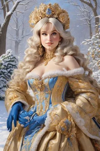 a woman in a winter princess costume,suit of the snow maiden,the snow queen,noblewoman,ice princess,ice queen,christmas woman,Digital Art,Impressionism