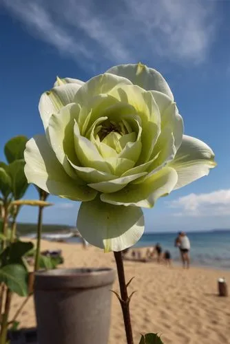 this is an image of a beautiful flower on the beach,rose plant,rosa bonita,rosa 'paloma blanca,sand rose,rose flower,white rose,Photography,General,Realistic