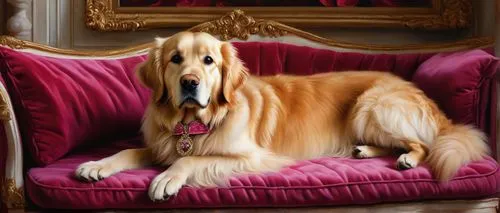 Fancy dog, golden retriever, curly fur, shimmering coat, bright brown eyes, pink nose, elegant collar with diamond, red ribbon, aristocratic background, luxurious mansion, velvet couch, marble floor, 