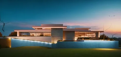 glass bricks natural stone concrete pool garden trees wood park landscape sunlight blue sky night view Spotlights night view summer manoir villa people,a very modern and futuristic home at dusk,modern