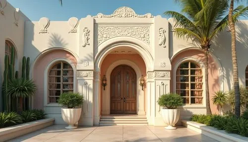 mihrab,stucco wall,art deco,house entrance,entryway,palmilla,hrab,front door,3d rendering,casa,florida home,exterior decoration,islamic architectural,garden door,holiday villa,luxury property,luxury home,archways,villa,private house,Photography,General,Realistic