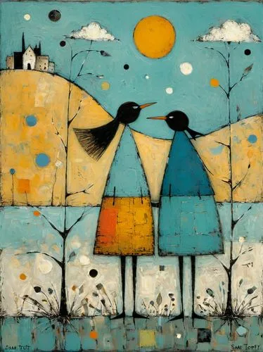 songbirds,bird couple,folk art,the birds,bird painting,carol colman,Art,Artistic Painting,Artistic Painting 49