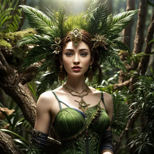 the enchantress,dryad,faery,fairy queen,faerie,polynesian girl,anahata,mother nature,fantasy woman,hula,background ivy,laurel wreath,elven,poison ivy,tiger lily,celtic queen,garden of eden,sorceress,ivy,mother earth