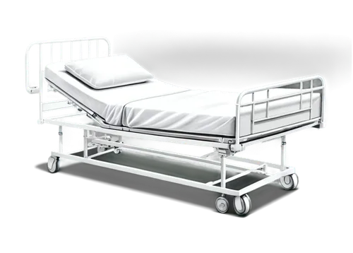 Hospital bed, white metal frame, clean white sheets, soft pillow, adjustable headboard, IV stand, medical equipment, stainless steel side rails, wheels at legs, solo, empty, morning light, shallow dep