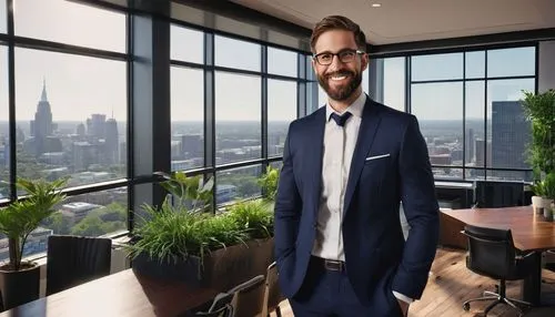 Architect, male, 30s, confident smile, glasses, short brown hair, beard, white shirt, black tie, dark blue suit, holding blueprints, standing, office building, modern interior, wooden floor, glass tab