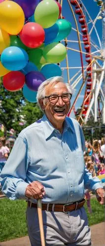 Old man, 70s, wrinkles, grey hair, glasses, white shirt, blue pants, belt, walking stick, smiling, Six Flags amusement park, sunny day, blue sky, fluffy white clouds, roller coasters, Ferris wheel, co