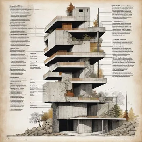 A building designed by Le Corbusier,archigram,hejduk,zumthor,habitat 67,cantilevers,brutalism,animal tower,stratigraphic,architectura,constructivist,corbu,innervisions,lasdun,multistorey,cantilevered,