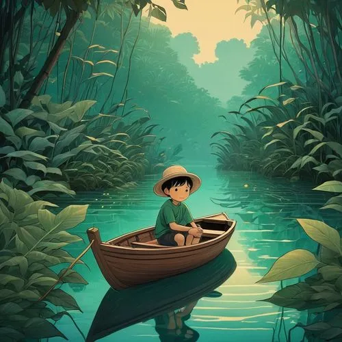 fishing float,boat landscape,canoe,little boat,vietnam,canoeing,dugout canoe,raft,fisherman,studio ghibli,kerala,kids illustration,paper boat,world digital painting,adrift,row boat,water boat,wooden boat,boat,rowboat,Illustration,Japanese style,Japanese Style 15