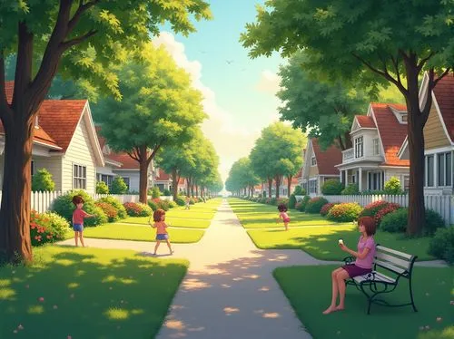 Suburban residential area, tranquil neighborhood, single-family homes, lush green lawns, vibrant flowerbeds, white picket fences, paved sidewalks, tree-lined streets, kids playing on swings, mothers c