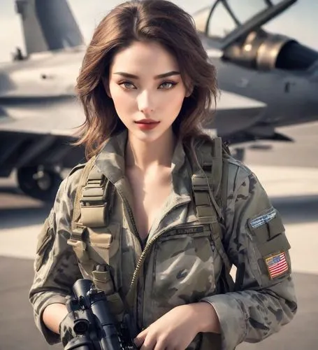 model headshot，Women's Fashion，
American Minimalism,a women in a military uniform is holding a gun,servicewoman,civilian,usaf,warfighter,military,hellcats,Photography,Commercial