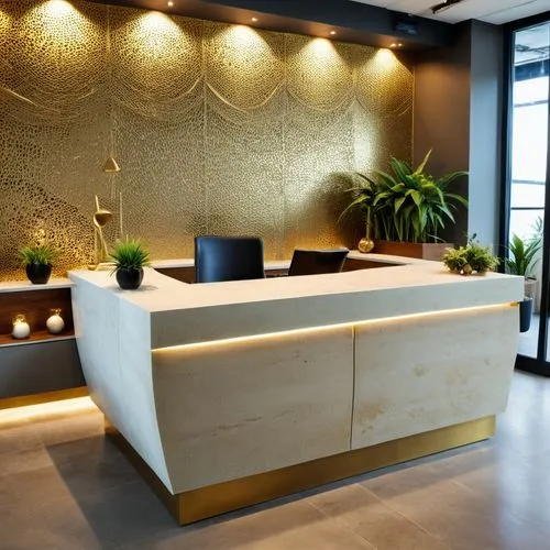 Egyptiqn Style. Create a sleek, modern French reception desk with clean lines and a neutral colour palette. Ensure it has ample space for paperwork and technology while maintaining a clutter-free surf