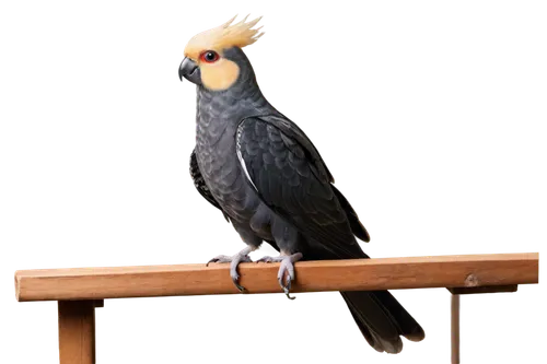 black cockatiel, perched, white crest, vibrant eyes, black feathers, sleek body, strong legs, sharp claws, sitting on wooden perch, morning sunlight, warm lighting, shallow depth of field, 3/4 composi