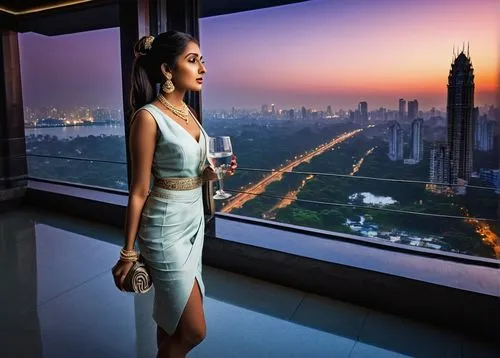 Modern Mumbai skyscraper, sleek glass exterior, intricate stone carvings, grand entrance with fountain, woman in business attire holding a refreshing glass of water, stylish hair tied back, subtle mak