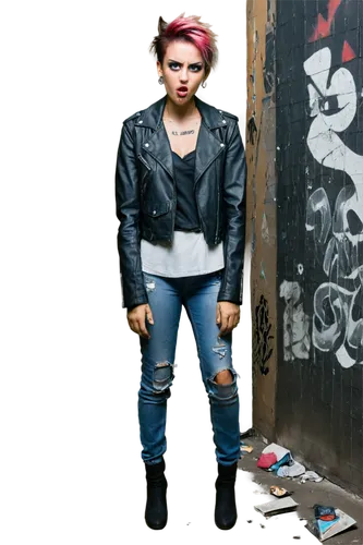 Rebellious punk, messy hair, tattoos on face, black leather jacket, ripped jeans, heavy boots, bold makeup, nose ring, earring, intense gaze, strong facial expression, city street at night, graffiti o