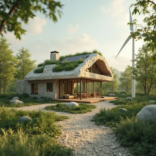 ecovillages,grass roof,greenhut,ecovillage,summer cottage,electrohome,3d rendering,passivhaus,render,home landscape,danish house,small cabin,sse,country cottage,house in the forest,cryengine,forest house,cleantech,ecotopia,renewable energy,Photography,General,Realistic