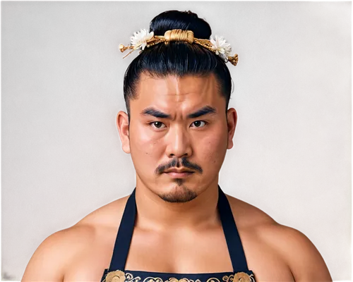 Sumo wrestler, Japanese man, strong facial features, thick eyebrows, mustache, nose ring, intense gaze, sweat droplets, oily skin, topknot hairstyle, ornate apron, ceremonial attire, dynamic compositi