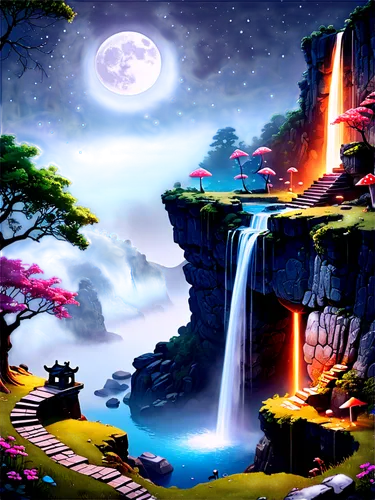 cartoon video game background,landscape background,fantasy landscape,waterfall,waterfalls,nature background,art background,mid-autumn festival,children's background,fantasy picture,background design,beautiful wallpaper,3d background,moonbow,fairy world,water fall,futuristic landscape,maplestory,dusk background,moon and star background,Unique,3D,Isometric