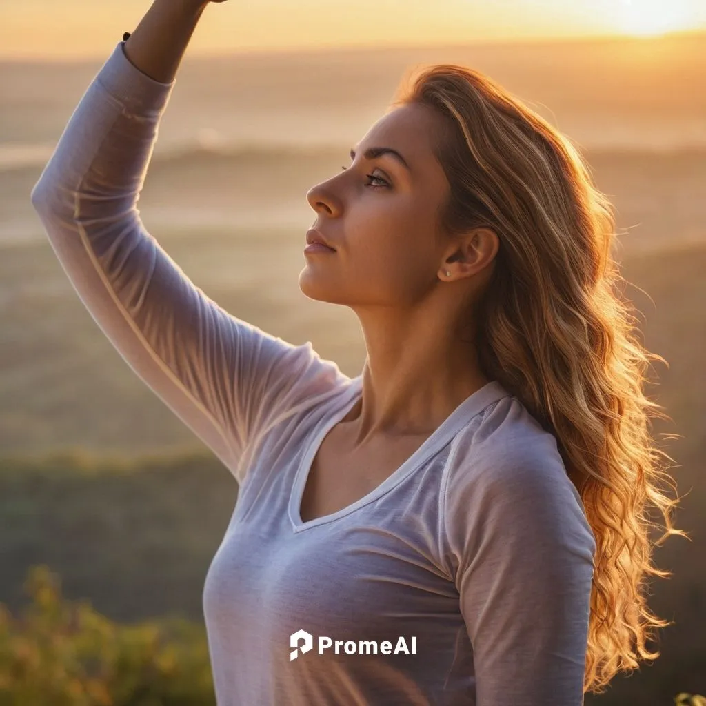 A woman contemplating a beautiful morning with the sun rising, and she stretching and getting ready for the day.,praising,sun salutation,surya namaste,pranayama,divine healing energy,breathwork,yogana