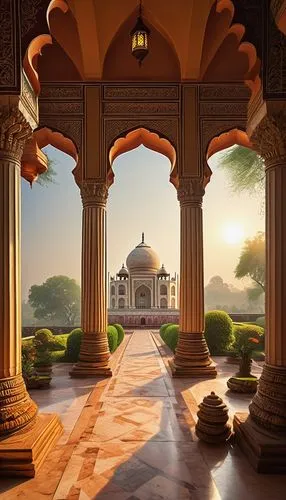 Ancient Indian temple, intricate carvings, ornate pillars, vibrant frescoes, grand entrance gate, Taj Mahal-inspired architecture, Mughal Empire style, marble floors, ornate domes, intricate stone inl