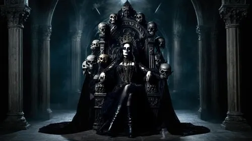 a gothic sitting on a throne with skulls all around her,jordison,enthroned,gothic woman,gothic portrait,mediatrix,lacrimosa