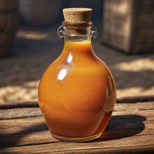 a medieval milky-orange purgative elixir bottle,a bottle on a table with a small cork top,bottle of oil,walnut oil,slivovitz,ratafia,kvass,baobab oil