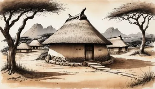 iron age hut,longhouses,thatched roof,basotho,thatched cottage,thatched,longhouse,khoisan,neolithic,huts,mud village,karamojong,traditional house,isandlwana,straw hut,karamoja,moshoeshoe,thatch roof,tribespeople,traditional village,Illustration,Paper based,Paper Based 30