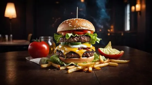 a large burger, fries and tomatoes with beer sit on a table,food styling,food photography,burger and chips,the burger,burger,burgermeister