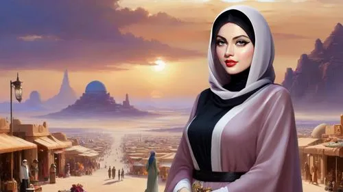 Romantic masterpiece oil painting, beautiful girl portrait, abaya dress, nostalgic 1950's style kitsch, breathtaking beautiful epic vast landscape, Star Wars Tatooine, Mos Eisley Spaceport, majestic s