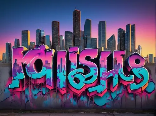 Graffiti-style misfits font generator, bold lines, vibrant neon colors, distressed textures, metallic sheen, 3D effects, futuristic atmosphere, cityscape at dusk, skyscrapers in the background, street