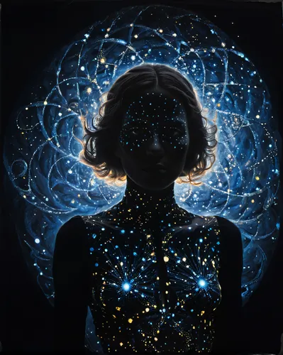 constellations,andromeda,neural pathways,mind-body,consciousness,astral traveler,mystical portrait of a girl,constellation,connectedness,woman thinking,head woman,aura,oil painting on canvas,cosmos,illuminate,woman silhouette,drawing with light,silhouette art,brainy,inner light,Illustration,Abstract Fantasy,Abstract Fantasy 20