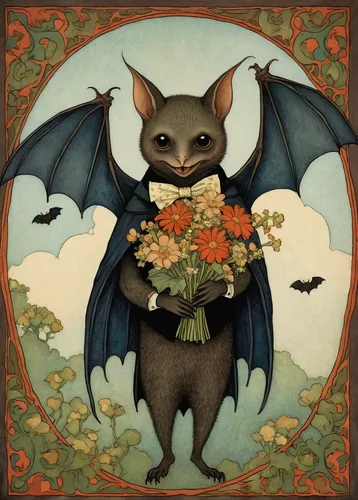 Create a whimsical illustration of a cute bat wearing a tiny bow tie and holding a bouquet of flowers.,vampire bat,fruit bat,tropical bat,bat,big brown bat,little red flying fox,mouse eared bat,hangin