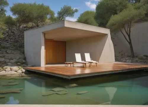 inverted cottage,pool house,cubic house,summer house,amanresorts,corten steel,dunes house,3d rendering,pavillon,mahdavi,house by the water,aqua studio,archidaily,holiday villa,outdoor furniture,siza,floating huts,cave on the water,modern architecture,renders,Photography,General,Realistic