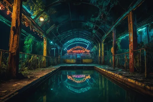 Write a horror story where Teeei explores an abandoned amusement park during the night.,underground lake,underwater playground,aquarium,underwater oasis,aquariums,sunken church,lagoon,atlantis,acid la