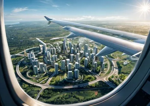 Airplane window view to Ecological city and foot bridge ,air transportation,canada air,air transport,aerospace manufacturer,futuristic architecture,aircraft construction,airplane wing,air traffic,air 