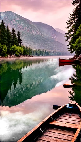 Serene lake, calm water, misty morning, mountain range background, lush green trees, rocky shore, wooden dock, solitary boat, gentle ripples, soft sunlight, warm color tone, panoramic view, 3/4 compos