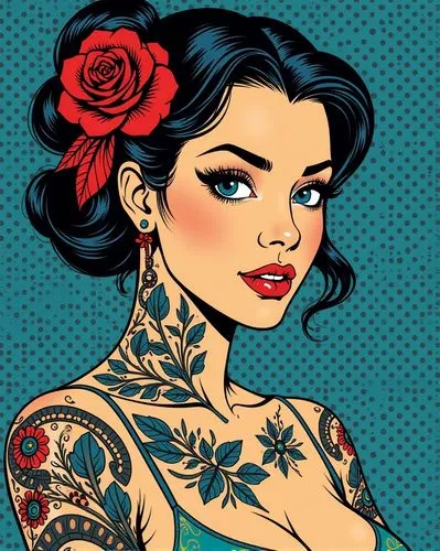 a comic style woman with traditional tattoos and blue and black dotted background












,an illustration of a woman with tattoos on her arm,chicanas,tattoo girl,valentine pin up,chicana,retro pi