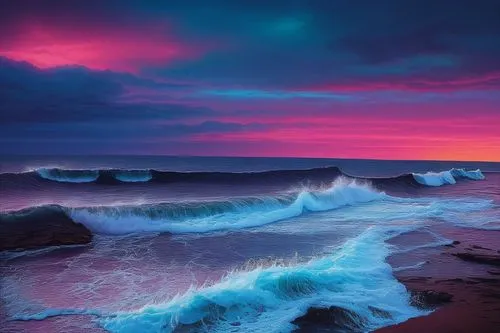 splendid colors,intense colours,colorful water,purple landscape,seascape,ocean waves,pink beach,rainbow waves,beautiful colors,pink dawn,new south wales,south australia,wavelength,mona vale,tidal wave,sunset cliffs,australia,crashing waves,southern ocean,beautiful beaches,Illustration,Realistic Fantasy,Realistic Fantasy 25