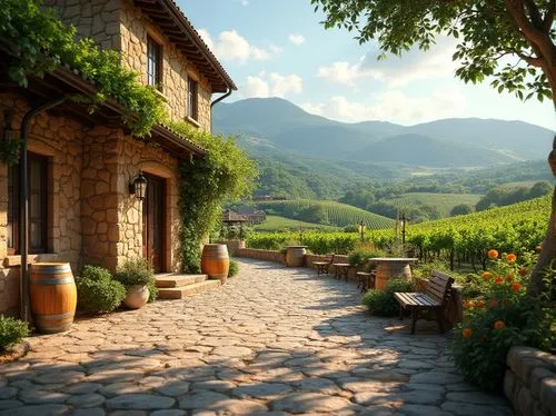 Vineyard surroundings, rolling hills, lush green vineyards, rustic winery buildings, stone fa\u00e7ades, wooden accents, natural stonework, earthy tones, warm lighting, soft focus, shallow depth of fi