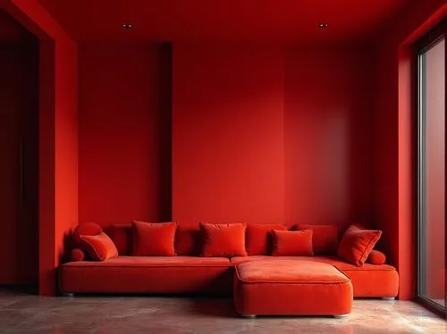 Vibrant red accent wall, modern minimalist interior, bold geometric shapes, low-key ambient lighting, sleek metal frames, luxurious velvet sofa, subtle gradient effect, dynamic composition, dramatic h