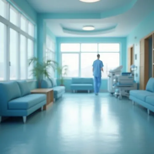 calm hospital interior, blue walls, soft blue furniture, minimalist decor, gentle curves, natural light pouring in through large windows, medical equipment with blue accents, nurse in blue scrubs walk