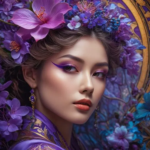 oriental princess,lilac blossom,purple rose,lilac flower,purple hydrangeas,violet flowers,purple lilac,fantasy portrait,violaceous,violet colour,violette,faery,splendor of flowers,golden lilac,romantic portrait,geisha,mystical portrait of a girl,purple,purple flower,lilac flowers,Photography,General,Fantasy