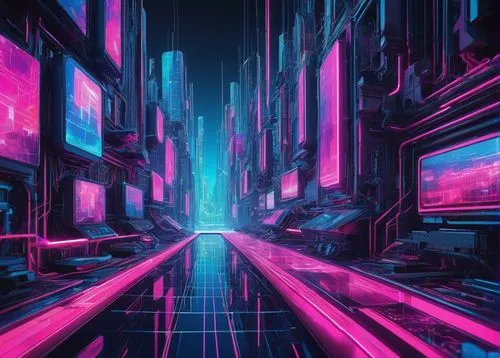 cyberpunk,abstract retro,neon arrows,matrix,vapor,cyberspace,cyber,metropolis,80's design,colorful city,futuristic,retro background,4k wallpaper,3d background,futuristic landscape,ultraviolet,neon ghosts,fragmentation,digiart,dimension,Illustration,Realistic Fantasy,Realistic Fantasy 15