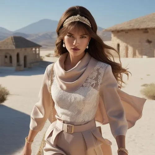 a woman in a dress and a hairband is walking across the desert,tahiliani,azria,persia,azzaro,blumarine,grecian,Photography,General,Natural