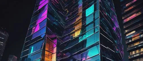 colorful glass,colored lights,glass building,colorful city,glass facades,colorful light,shinjuku,glass facade,tetris,colorful facade,stained glass,vivid sydney,pc tower,guangzhou,skyscraper,electric tower,são paulo,ctbuh,futuristic architecture,stained glass windows,Illustration,Paper based,Paper Based 20