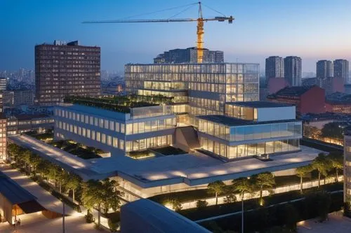 an offices building with cranes on the roof and sky view big balkony,juilliard,julliard,hongdan center,bjarke,difc,schulich,Photography,General,Realistic