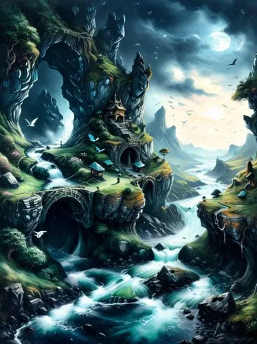 a beautiful fantasy art work that resembles a mountain village,cartoon video game background,fantasy landscape,alfheim,fablehaven,maelstrom,elfland,Illustration,Realistic Fantasy,Realistic Fantasy 25