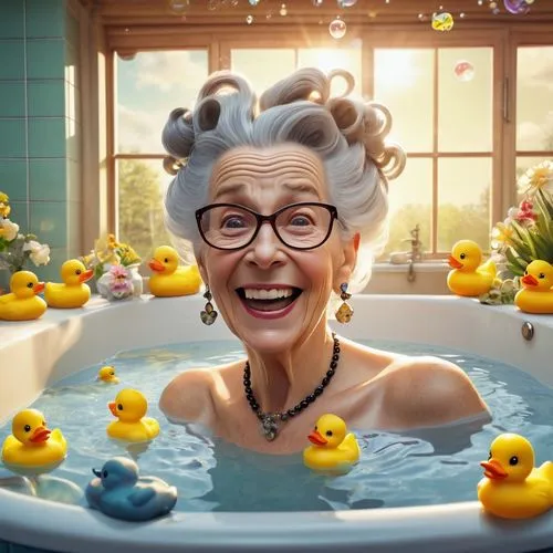 Pixar-stylecarricature of an crazy elderly woman with gray hair in a messy bun, wearing a ducky necklace and earrings, surrounded by rubber duckies in the water, in a vintage bathroom with a vintage t