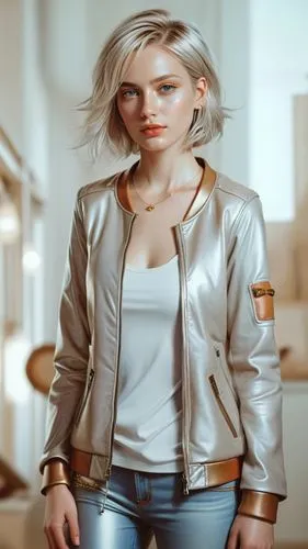 short hair, leather jacket,a young woman wearing a silver jacket and jeans,cool blonde,leather jacket,bea,cayetana,short blond hair,blonde woman,Illustration,Realistic Fantasy,Realistic Fantasy 25